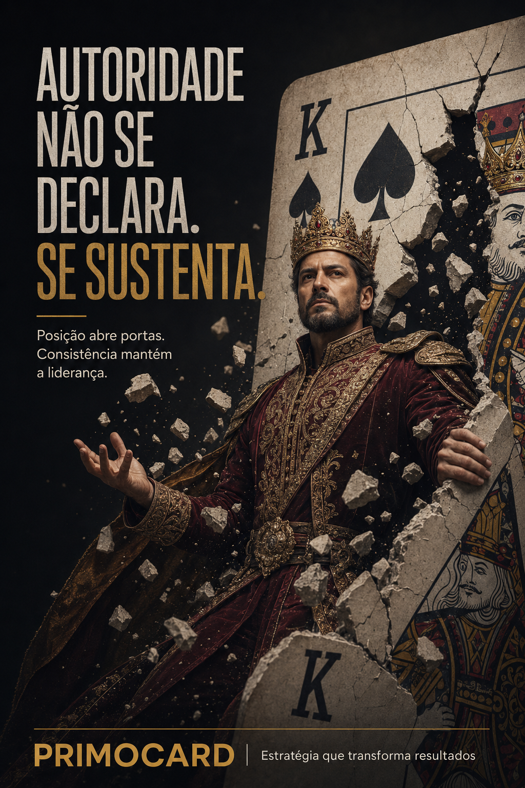 Líder usando coroa rompe uma carta de rei, representando autoridade empresarial construída por consistência.