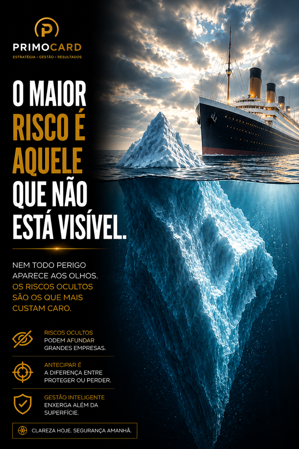 Navio próximo a um iceberg cuja maior parte está submersa representando riscos empresariais ocultos