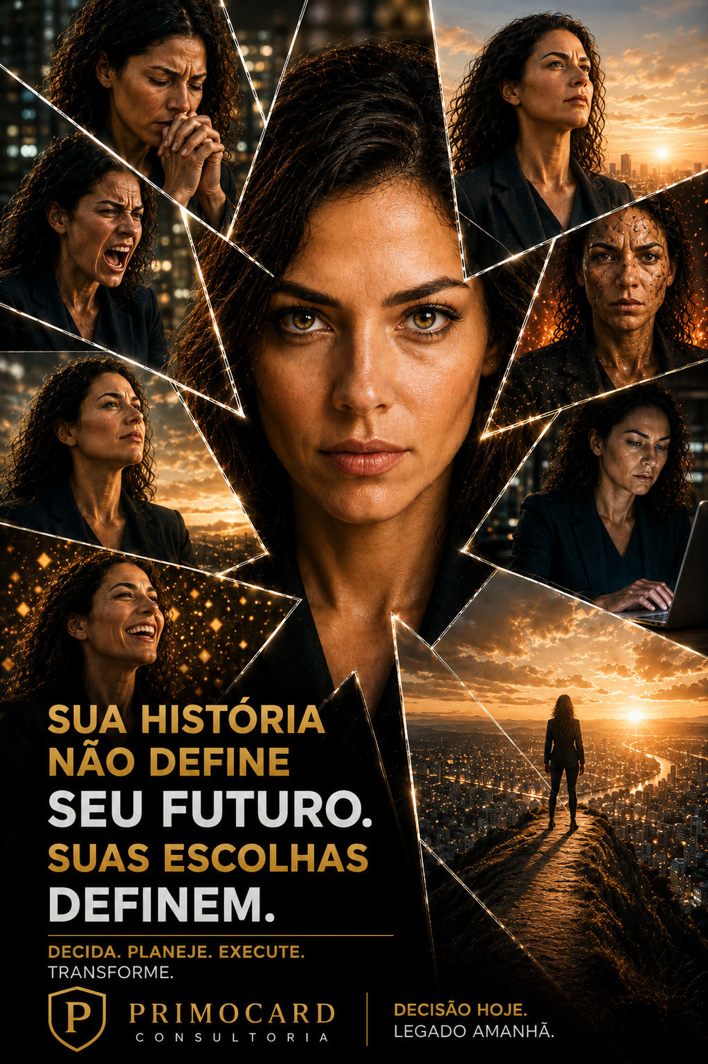Grande lâmpada iluminada sobre uma paisagem dourada, representando ideias, execução, inovação e construção do futuro.