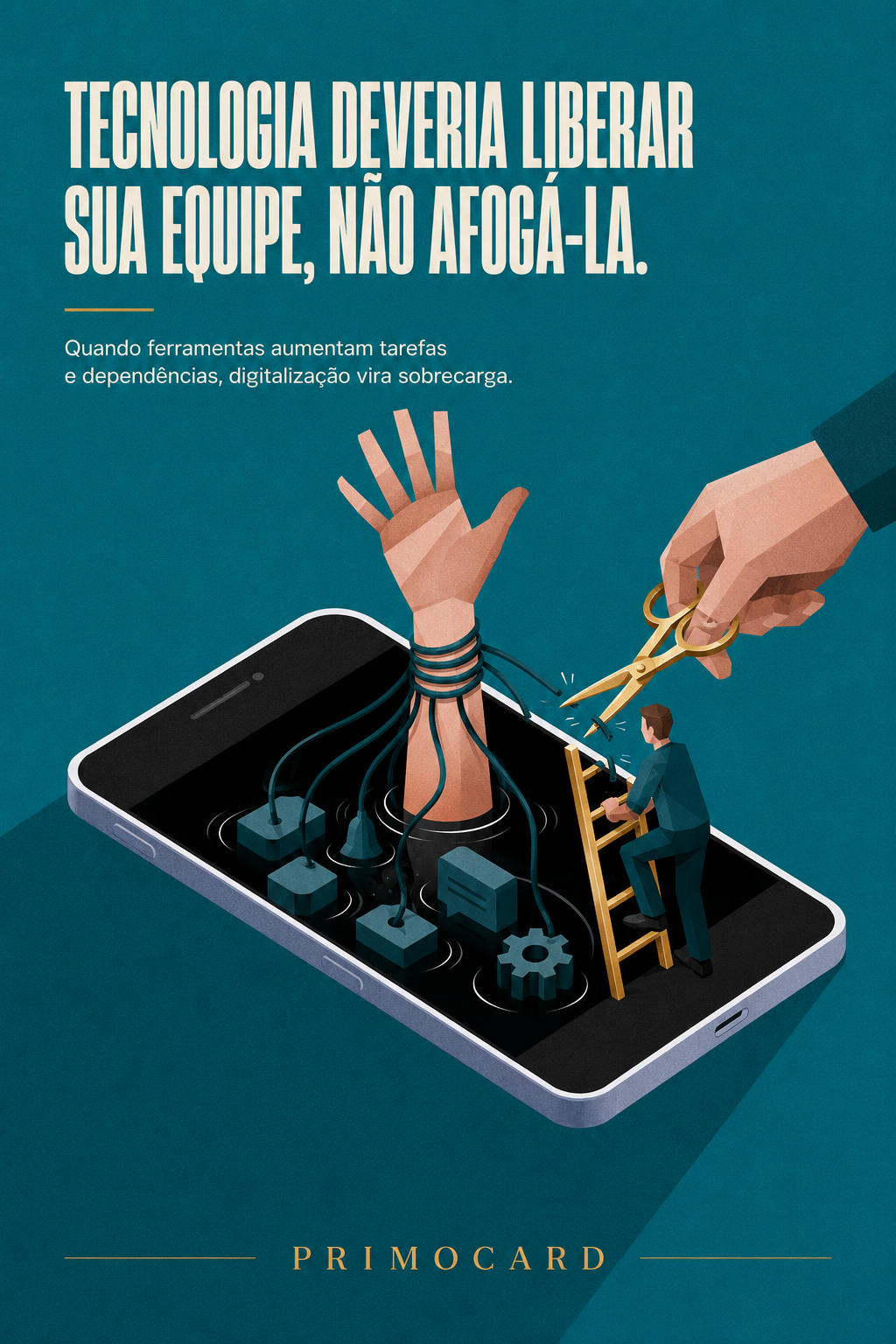 Mão presa por cabos dentro de um celular representa a sobrecarga provocada por ferramentas digitais desconectadas.