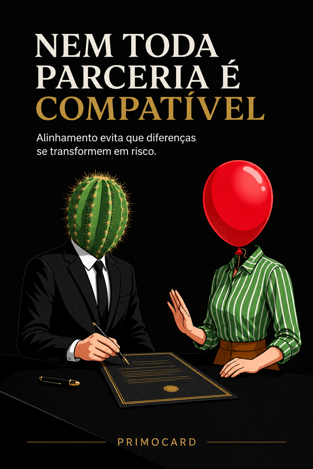 Dois profissionais incompatíveis representados por um cacto e um balão diante de um contrato empresarial.