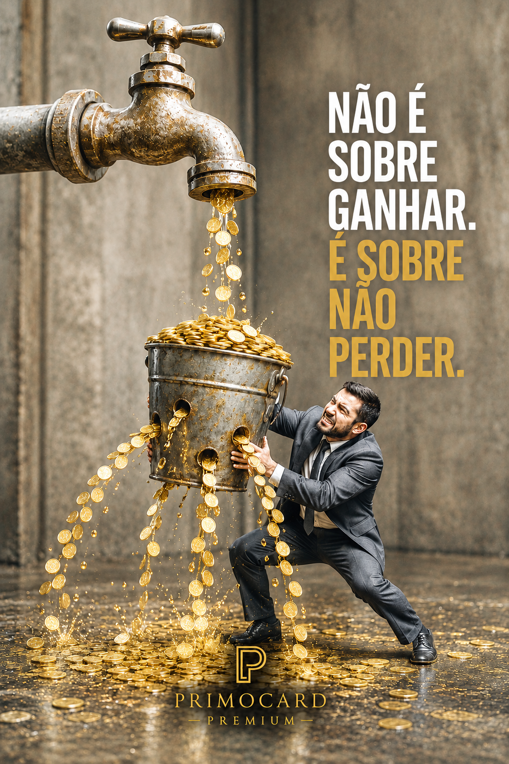 Empresário tentando conter moedas douradas que escapam de um recipiente furado sob uma torneira.