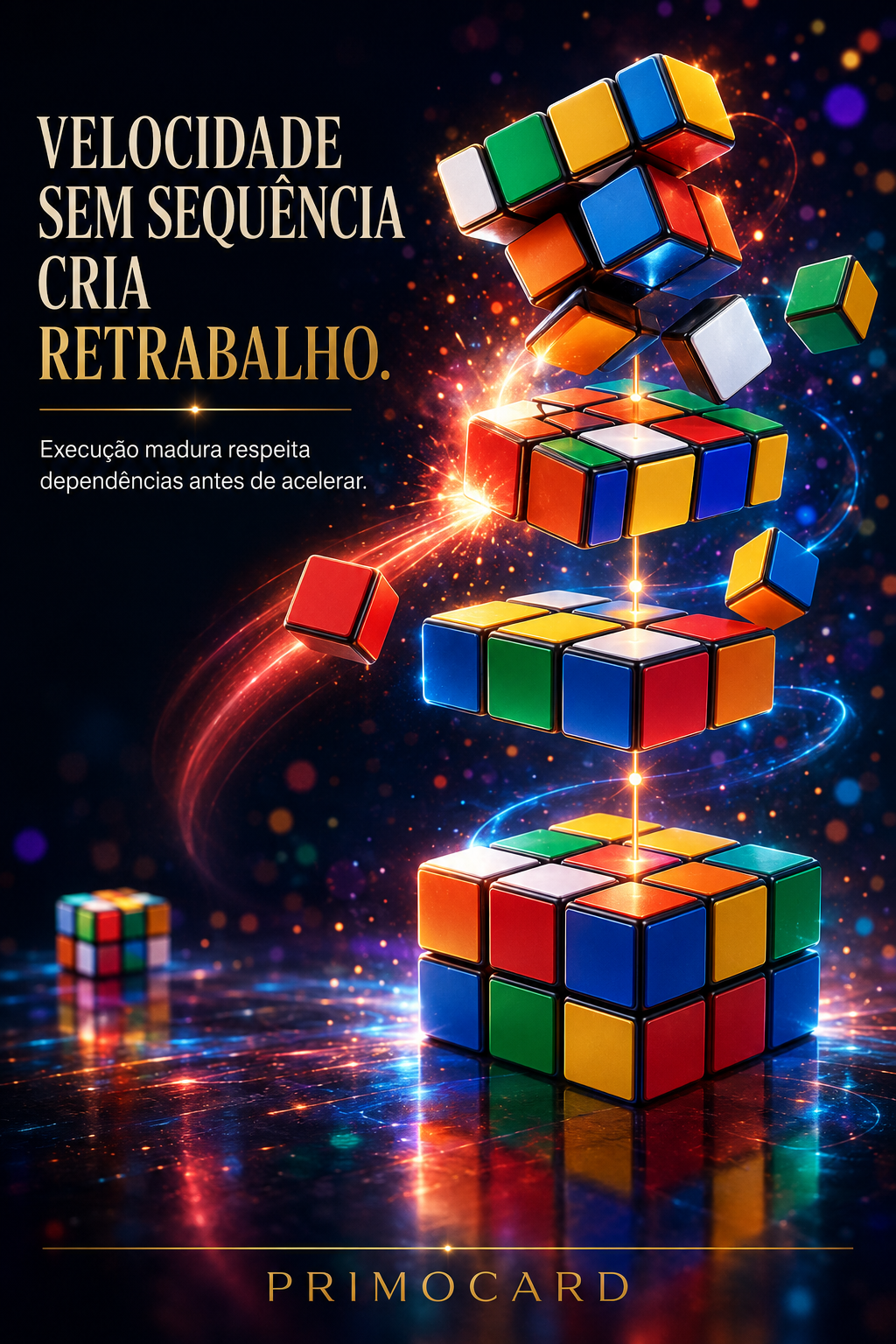 Cubos coloridos sendo montados fora de sequência simbolizando velocidade desorganizada e retrabalho.