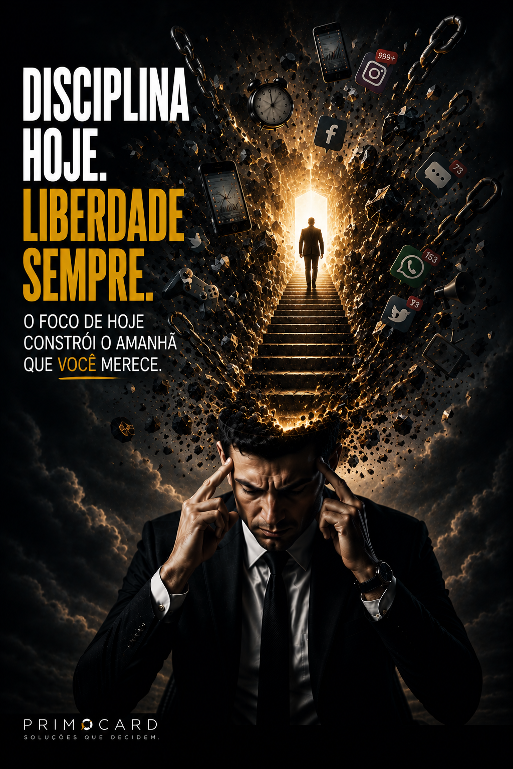Empresário concentrado enquanto supera distrações rumo aos seus objetivos.