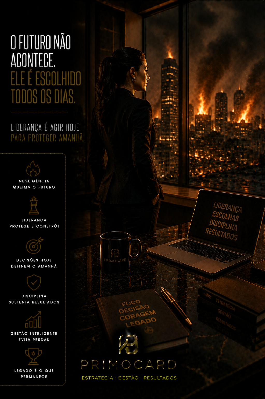 Executiva observando uma cidade em chamas pela janela.