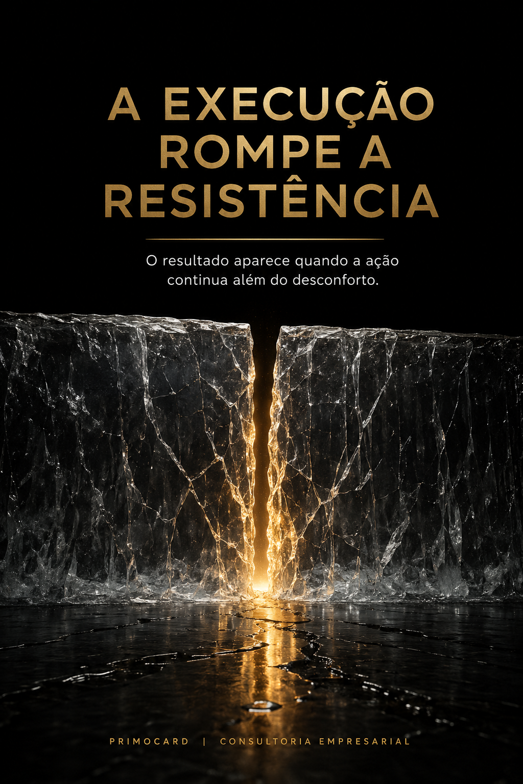 Grandes blocos de gelo se rompendo com uma luz dourada surgindo entre eles como símbolo de execução e superação.