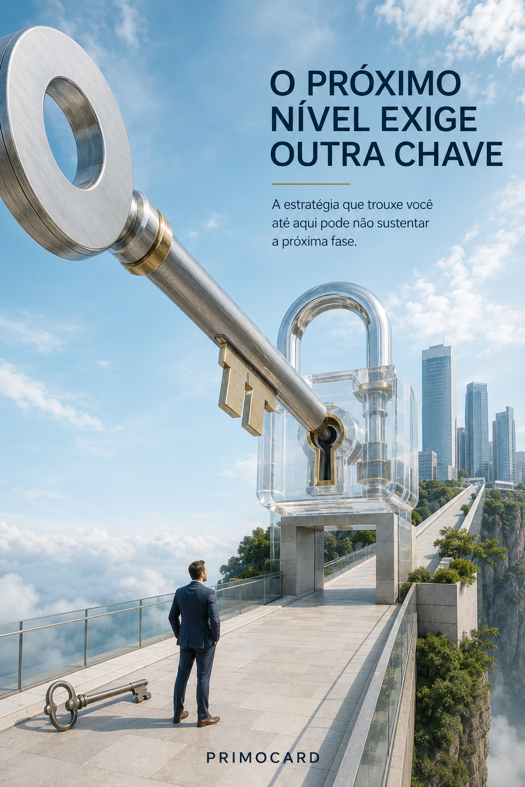 Empresário diante de um grande cadeado transparente enquanto uma nova chave aponta para o próximo nível.