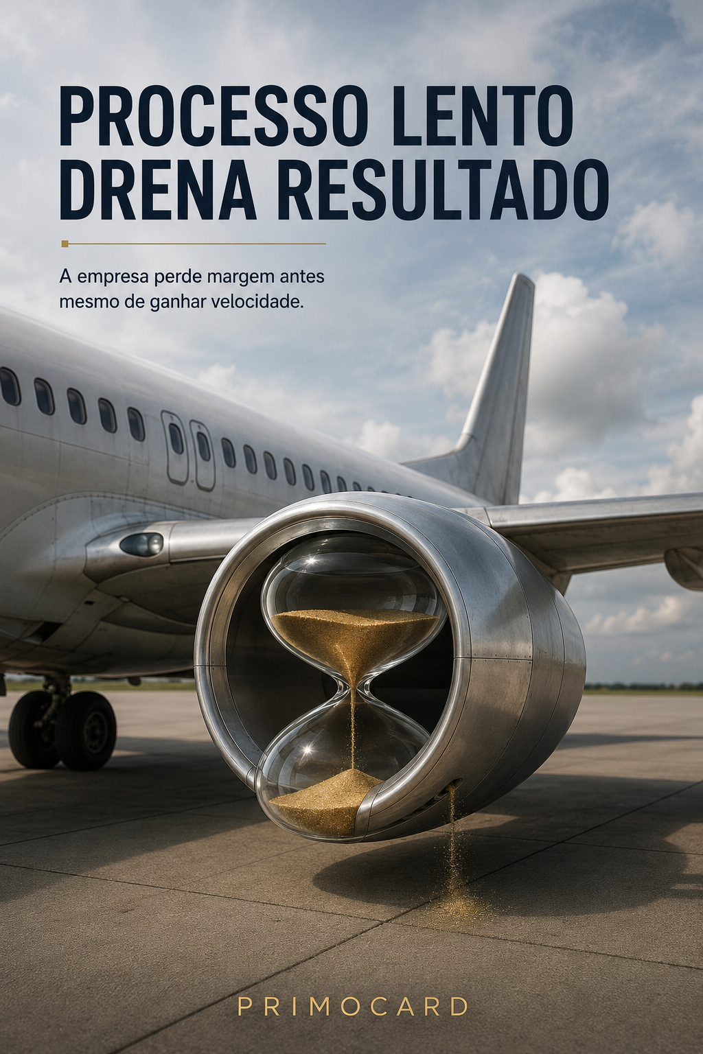 Avião com uma ampulheta dourada dentro da turbina representando atrasos e perda de eficiência operacional.