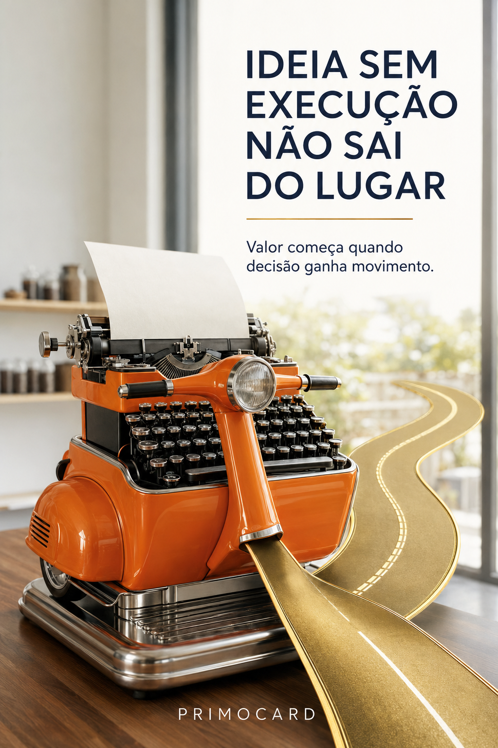 Máquina de escrever transformada em veículo diante de uma estrada dourada que representa a execução de uma ideia.