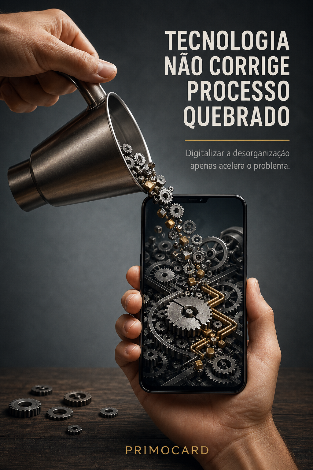 Engrenagens sendo despejadas dentro de um celular como metáfora para a digitalização de processos desorganizados.