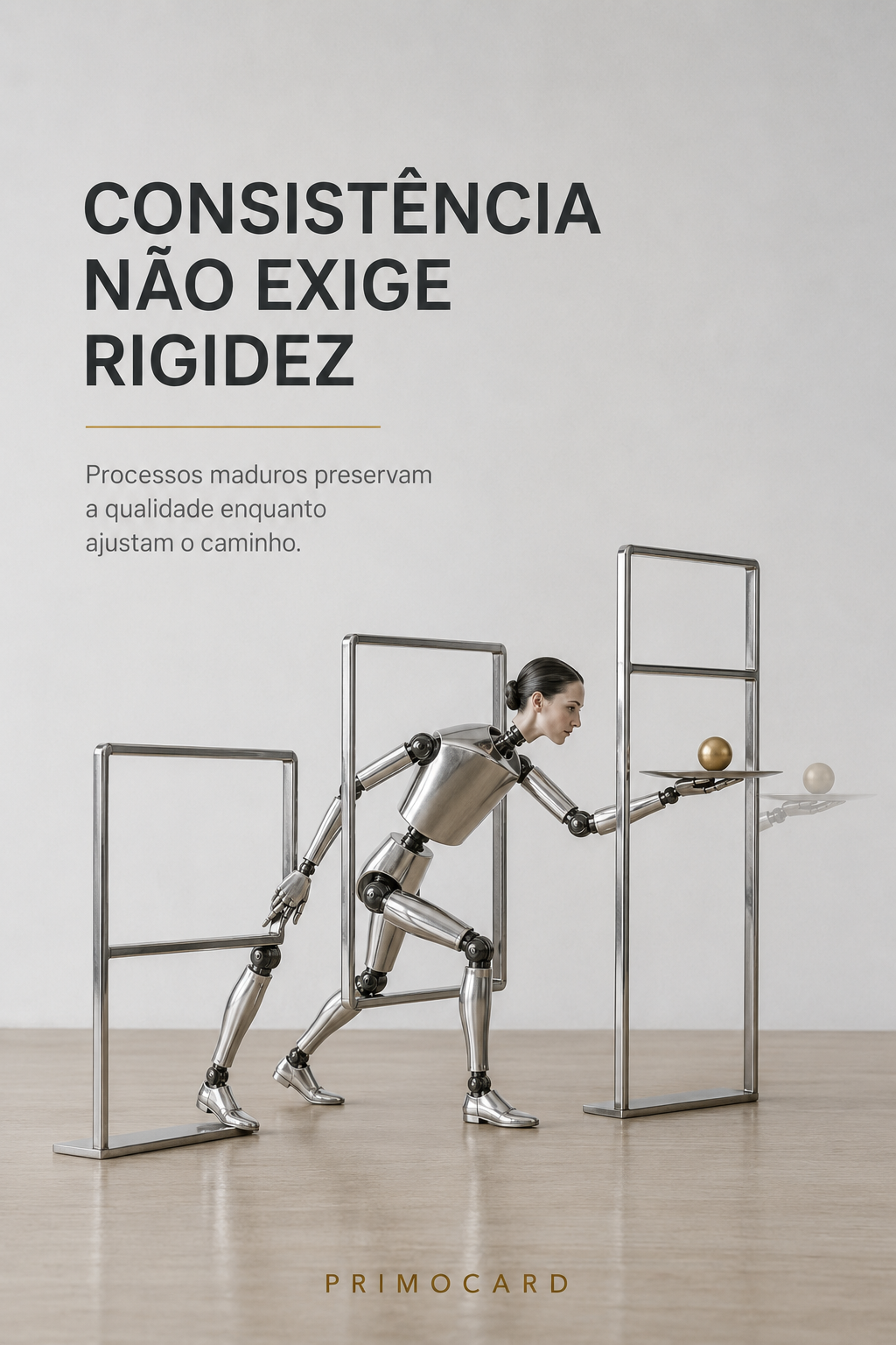 Figura robótica atravessando estruturas metálicas enquanto equilibra uma esfera dourada representando consistência e adaptação.