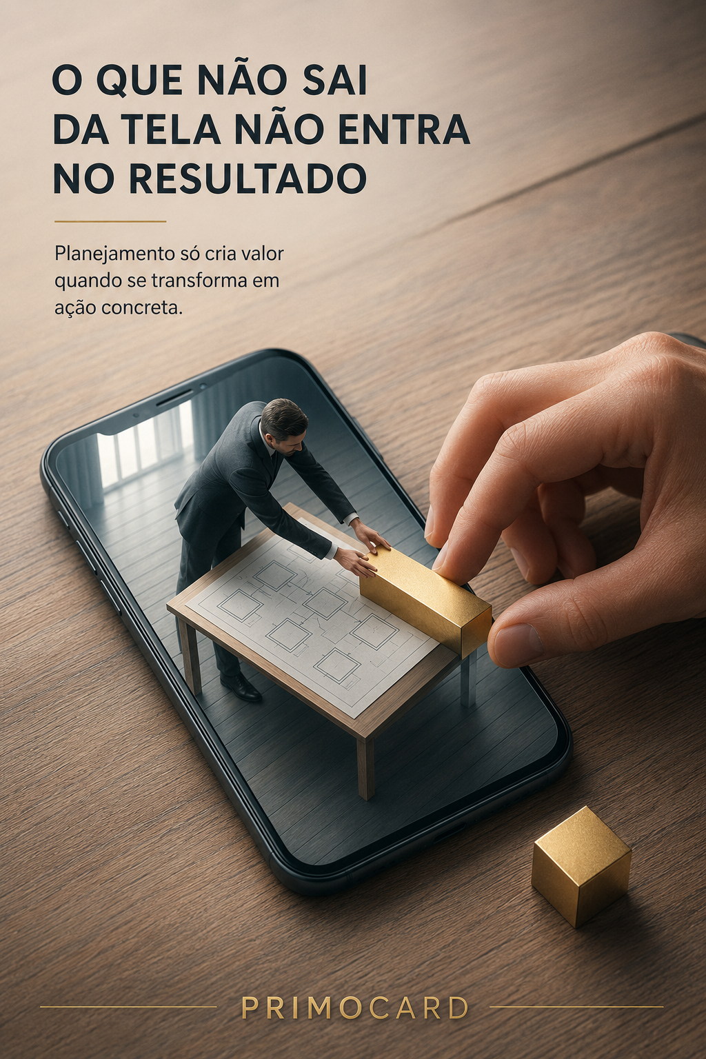 Empresário retirando um bloco dourado de um planejamento exibido na tela de um celular.