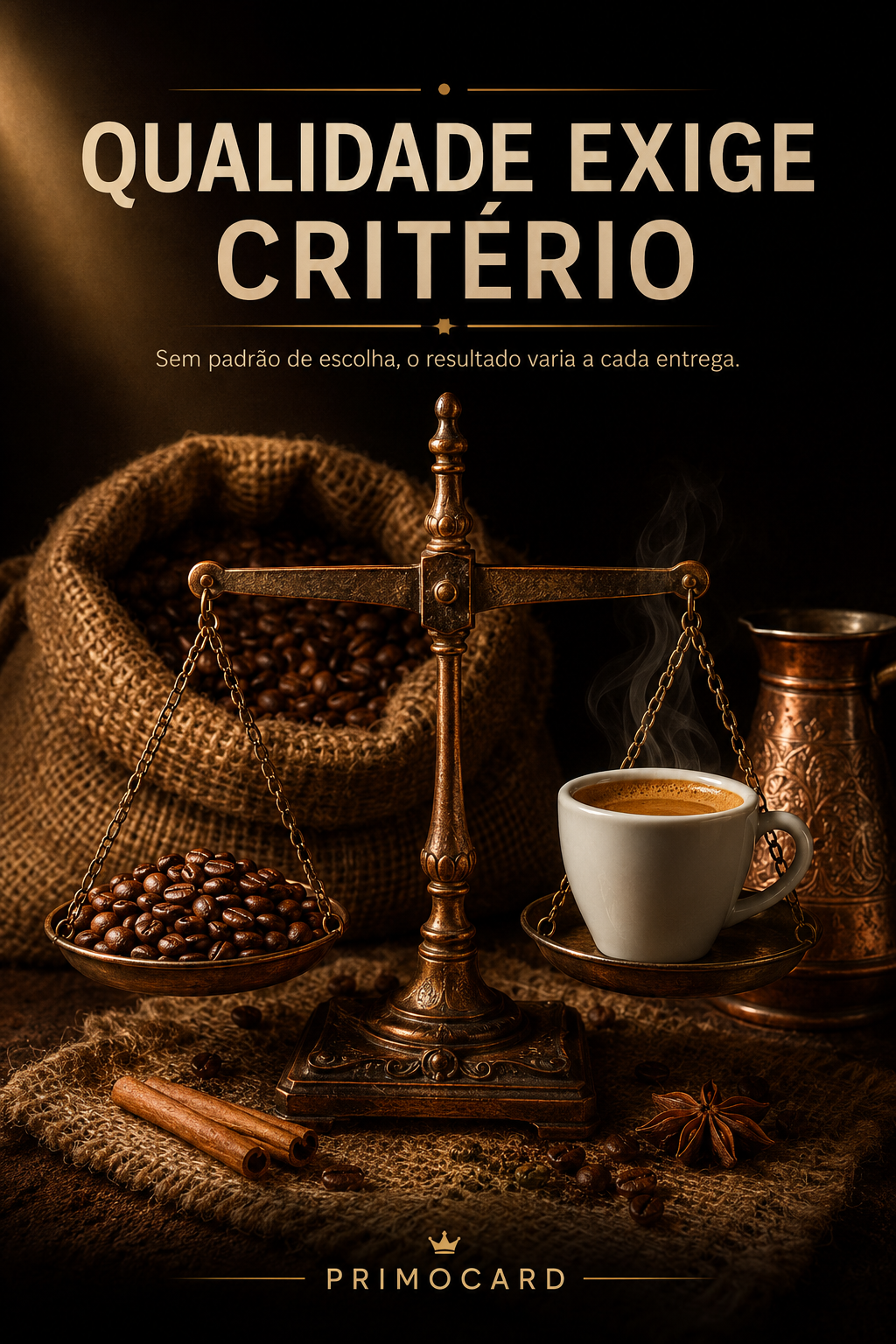 Balança equilibrando café em grãos e xícara simbolizando critérios de qualidade.
