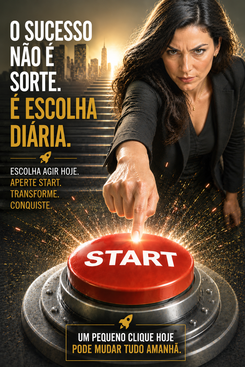Empresária acionando um grande botão vermelho de início diante de uma escadaria iluminada rumo ao sucesso.