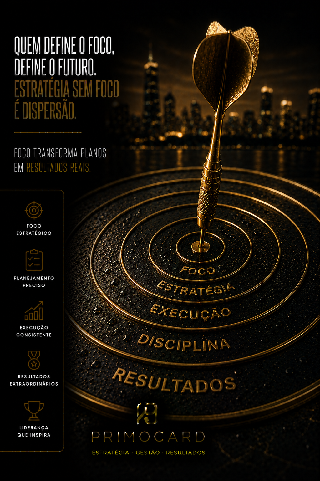 Alvo dourado com dardo no centro simbolizando foco estratégico.
