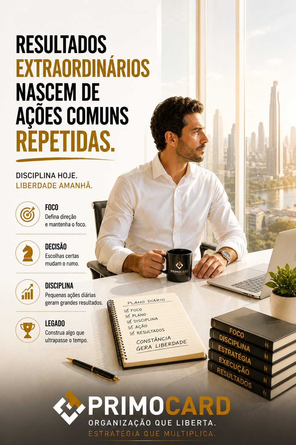 Empresário planejando ações diárias em um escritório, com elementos que representam foco, disciplina, estratégia e resultados.