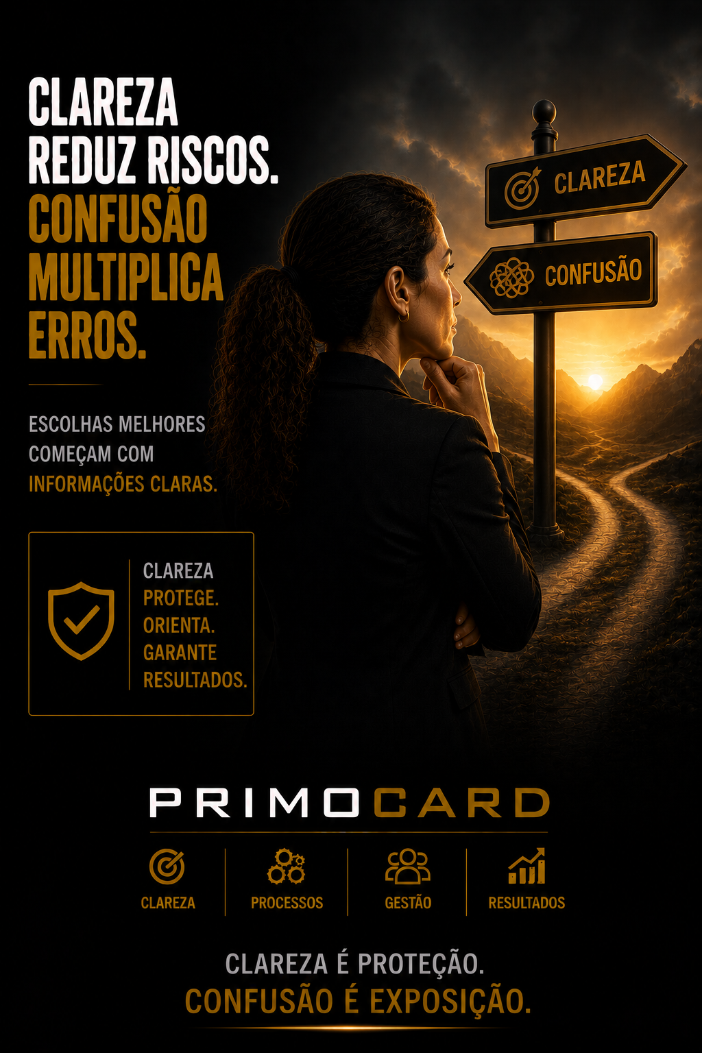 Executiva diante de placas indicando clareza e confusão.