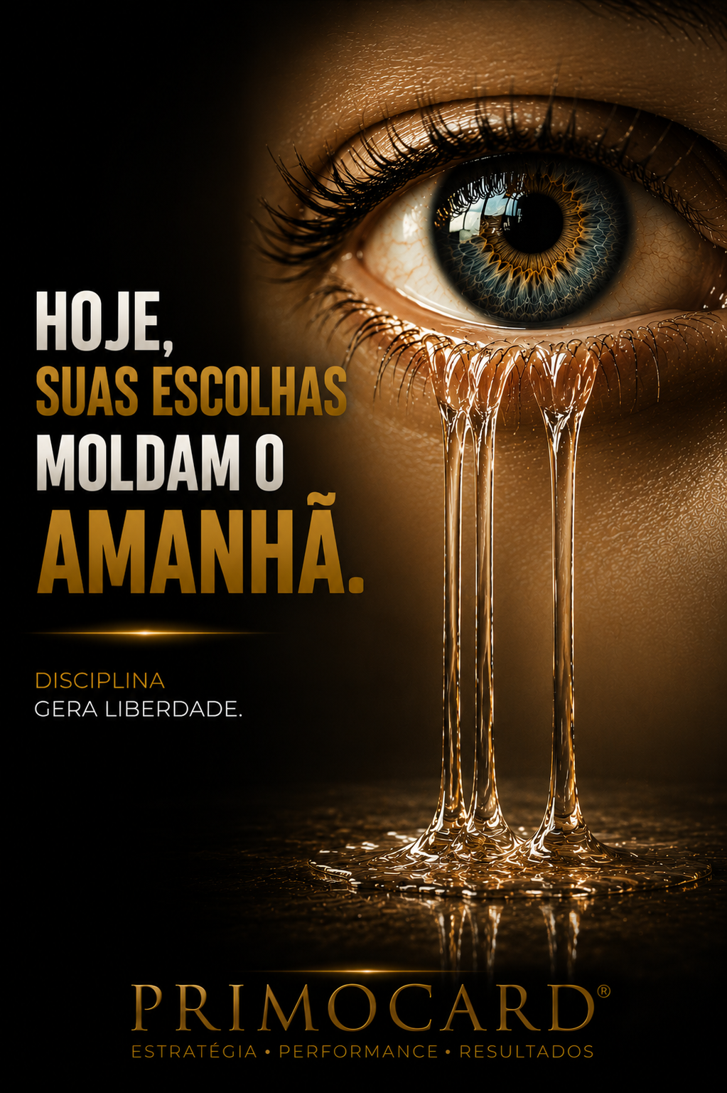 Olho humano derramando líquido dourado.