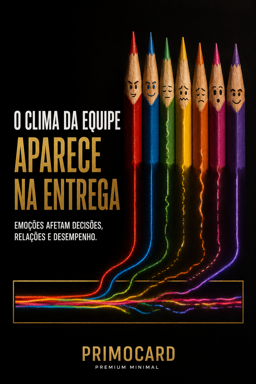 Lápis coloridos com diferentes expressões e traços conectados representando emoções e clima da equipe