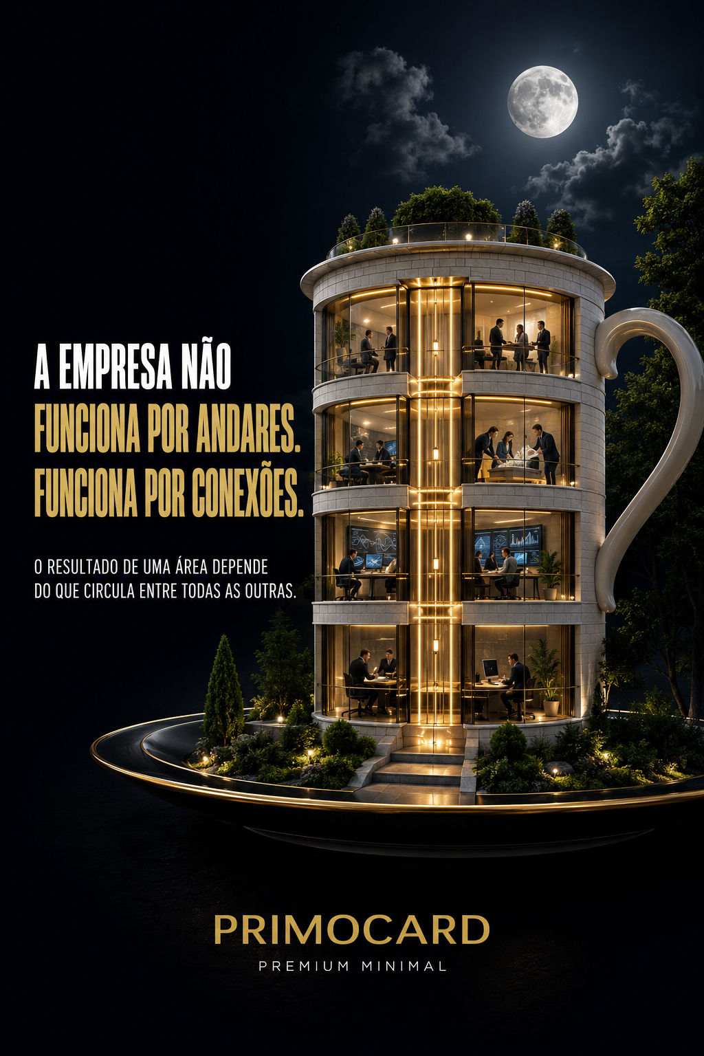 Edifício em formato de xícara com áreas empresariais conectadas representando integração entre departamentos
