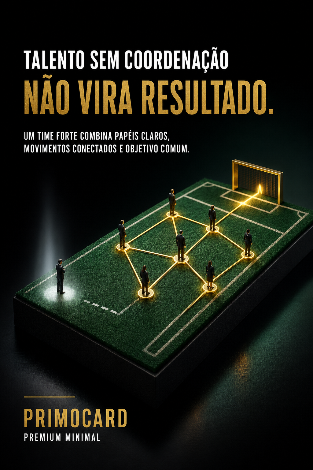 Campo estratégico com profissionais conectados em posições definidas representando coordenação e trabalho em equipe