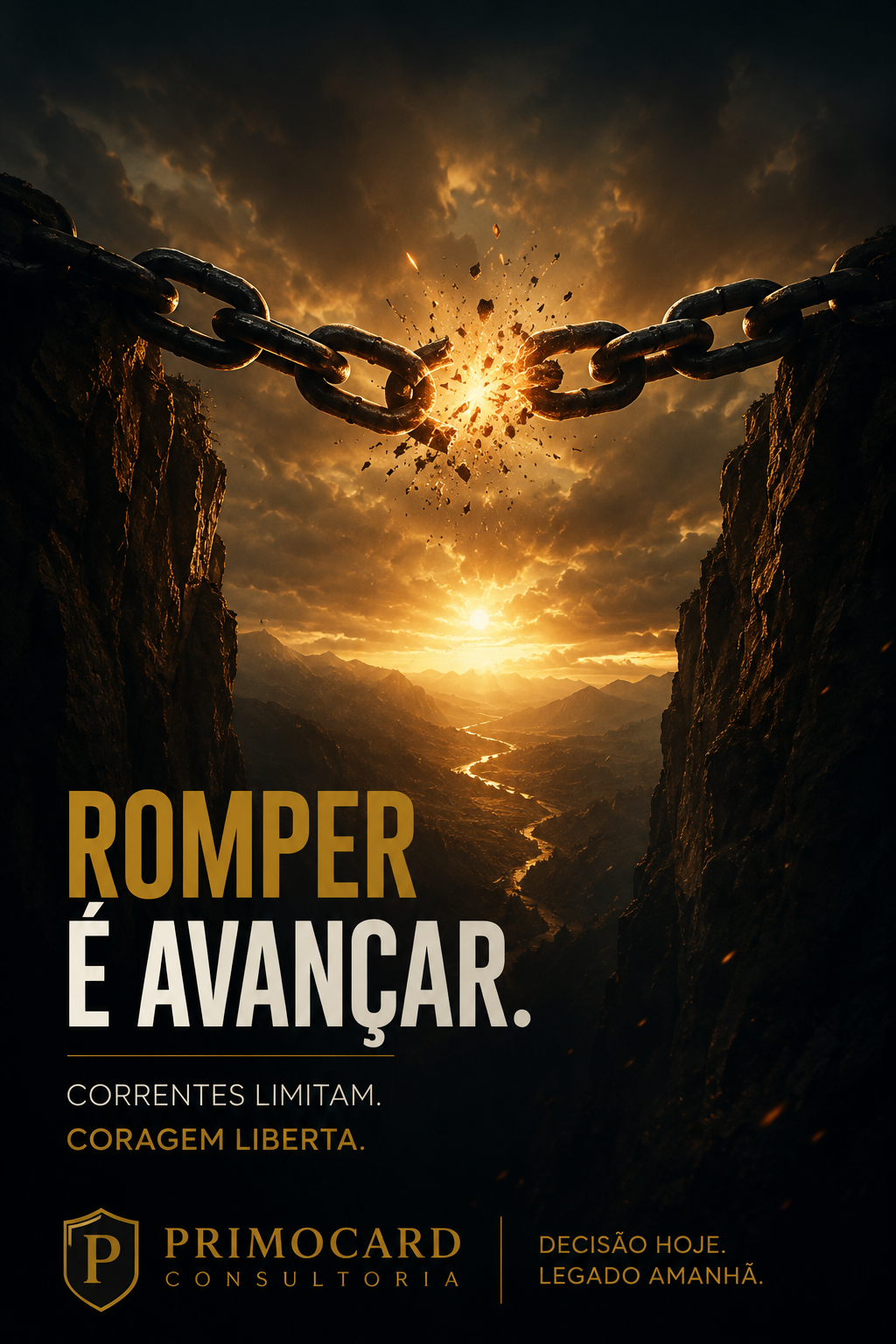 Corrente metálica se rompendo sobre um vale.