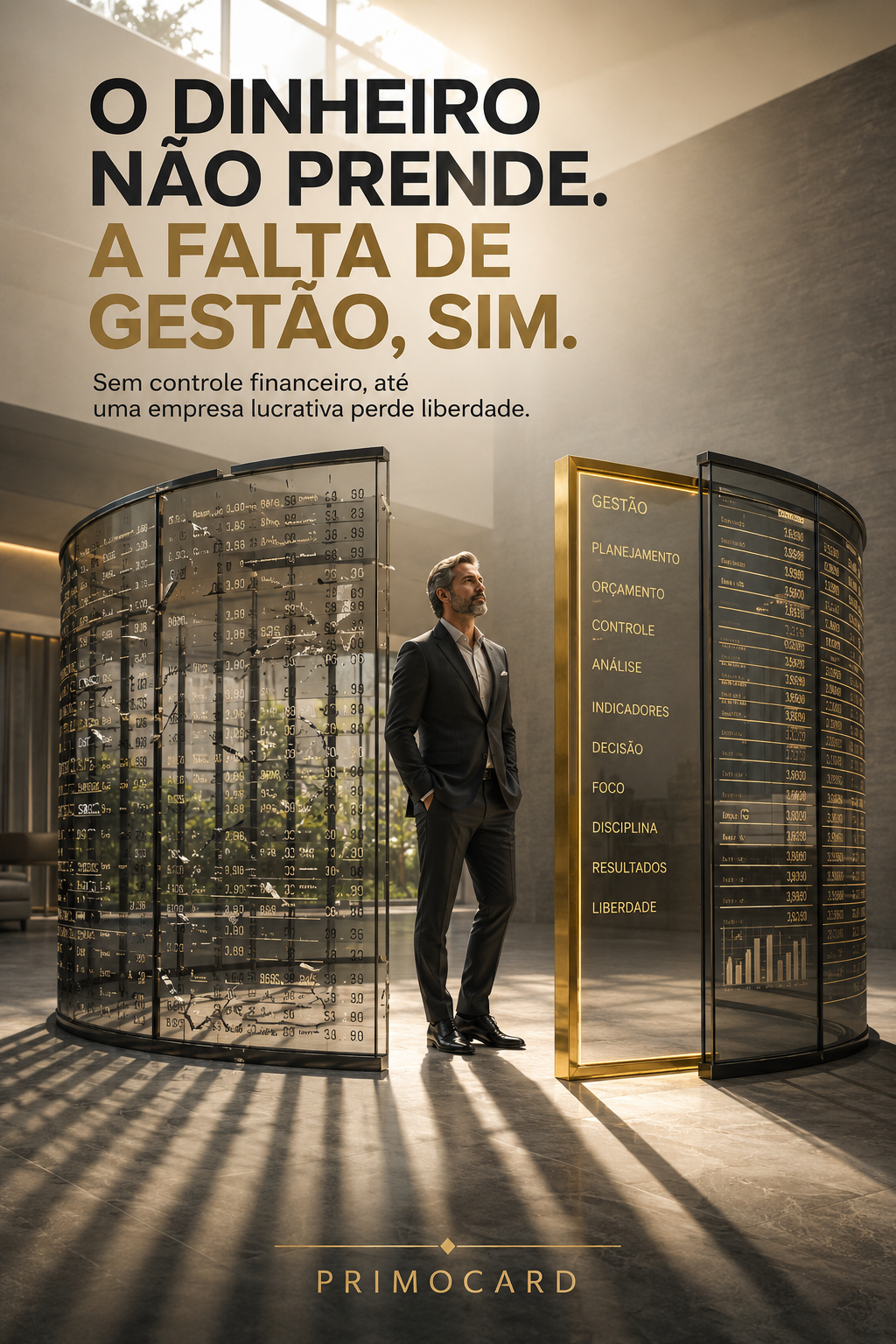 Empresário entre painéis financeiros simbolizando gestão.