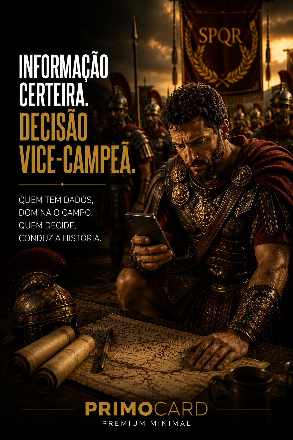 General analisando informações em um smartphone simbolizando inteligência estratégica.