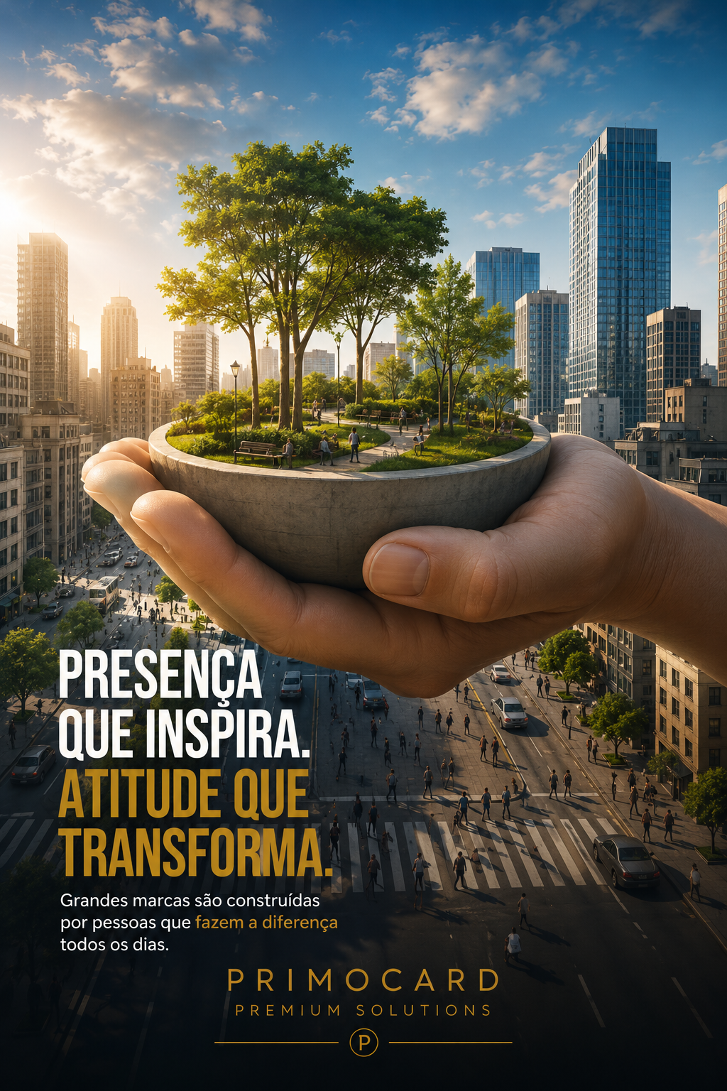 Mãos sustentando uma área verde sobre a cidade representando presença empresarial positiva e transformação