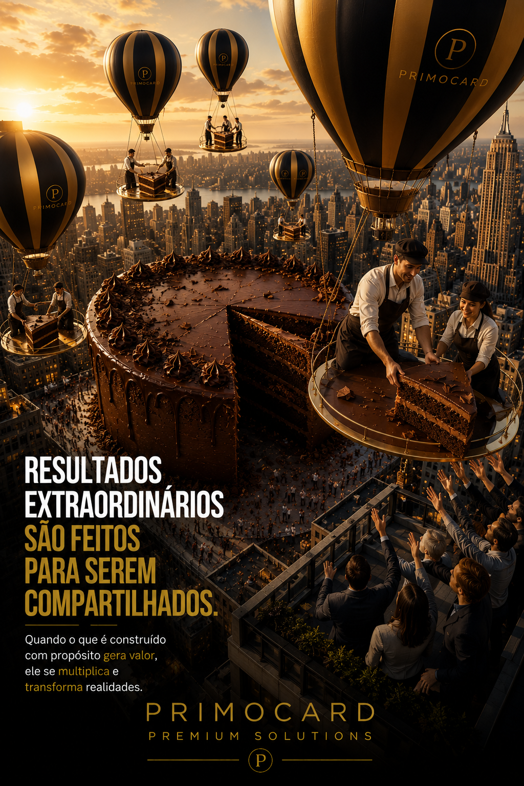 Grande bolo de chocolate sendo dividido e distribuído por balões sobre uma cidade simbolizando resultados compartilhados.