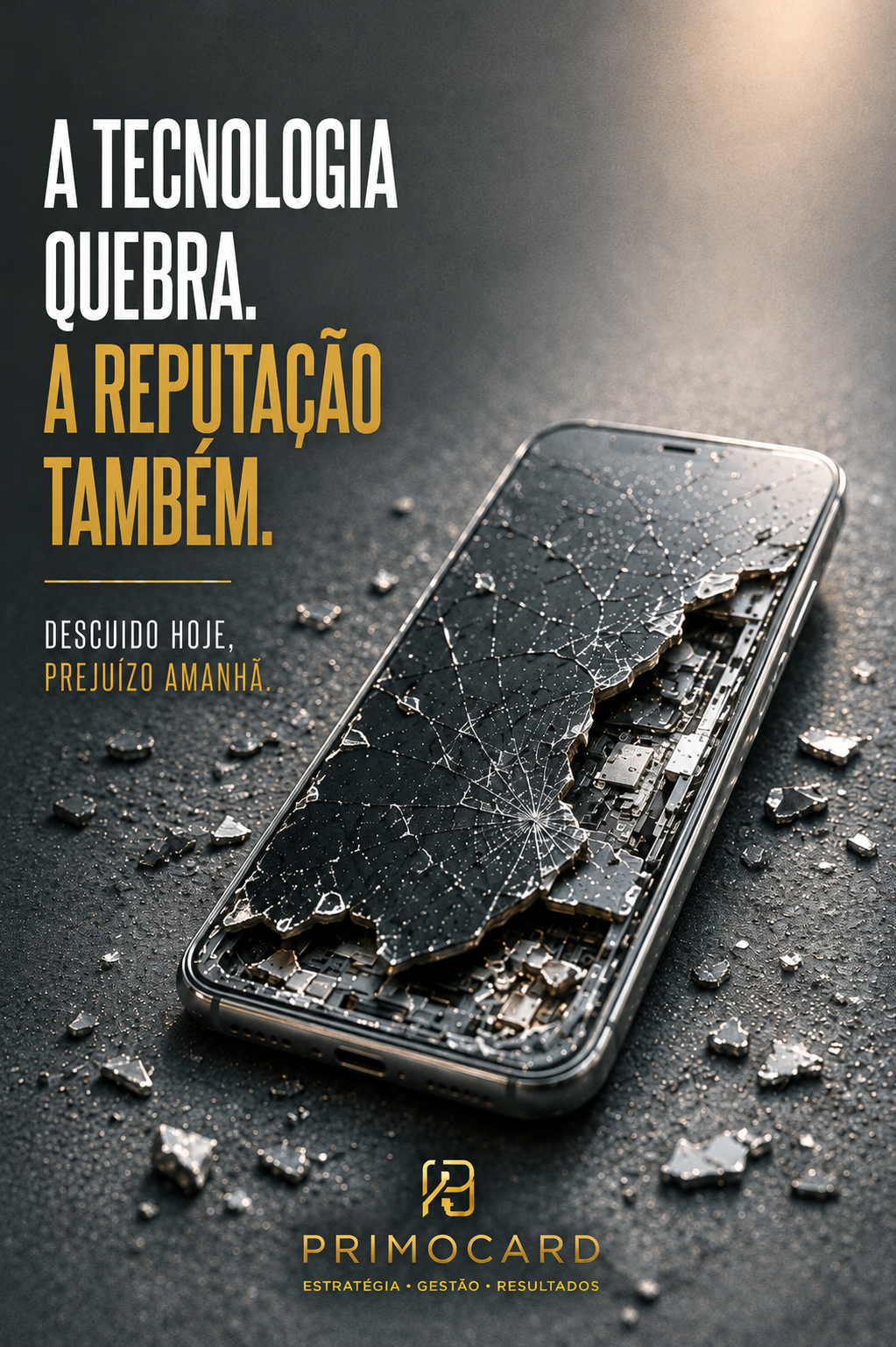Telefone celular com a tela quebrada representando falhas tecnológicas que prejudicam a reputação de uma empresa.