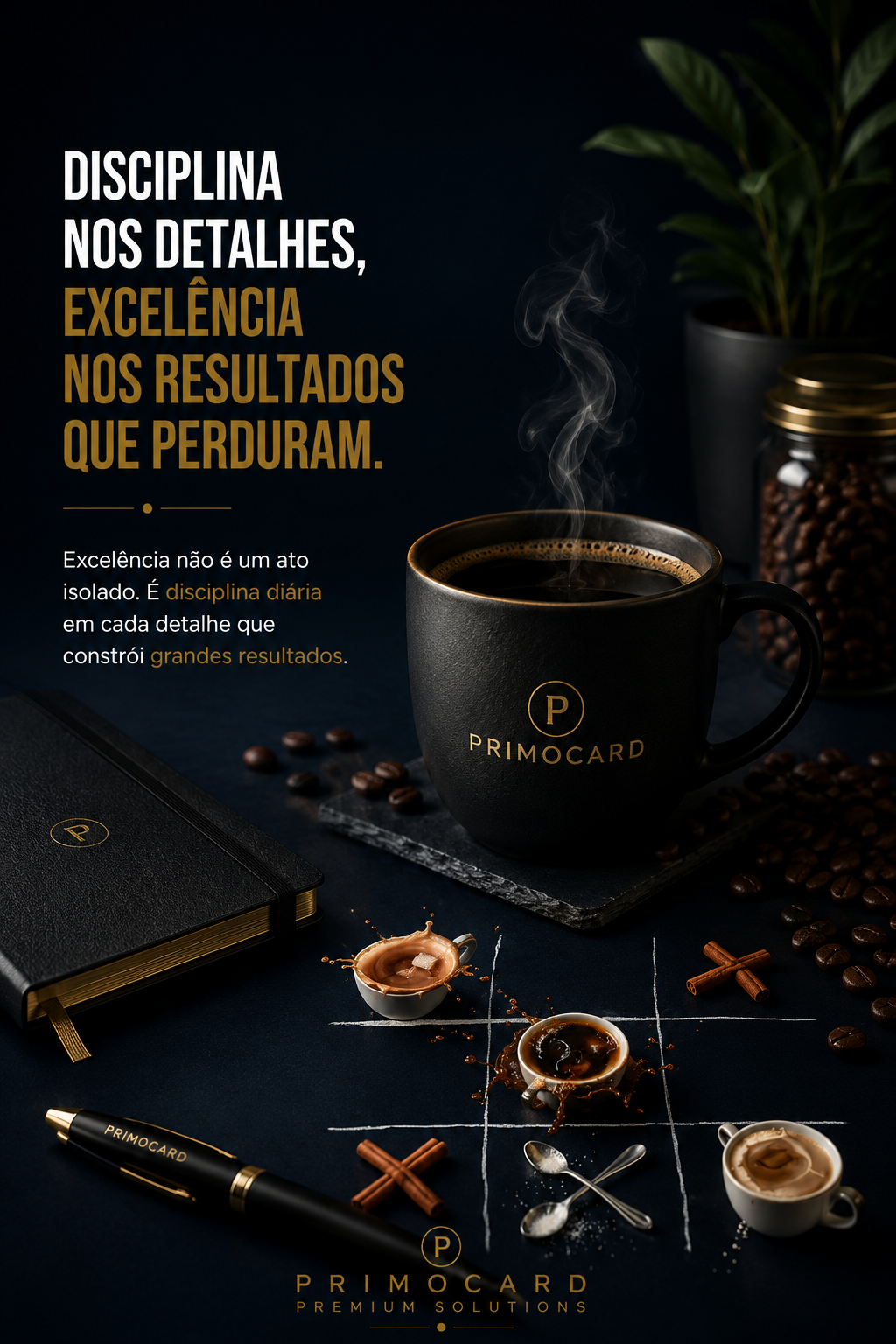Xícara de café PRIMOCARD em ambiente corporativo premium representando disciplina nos detalhes e excelência nos resultados