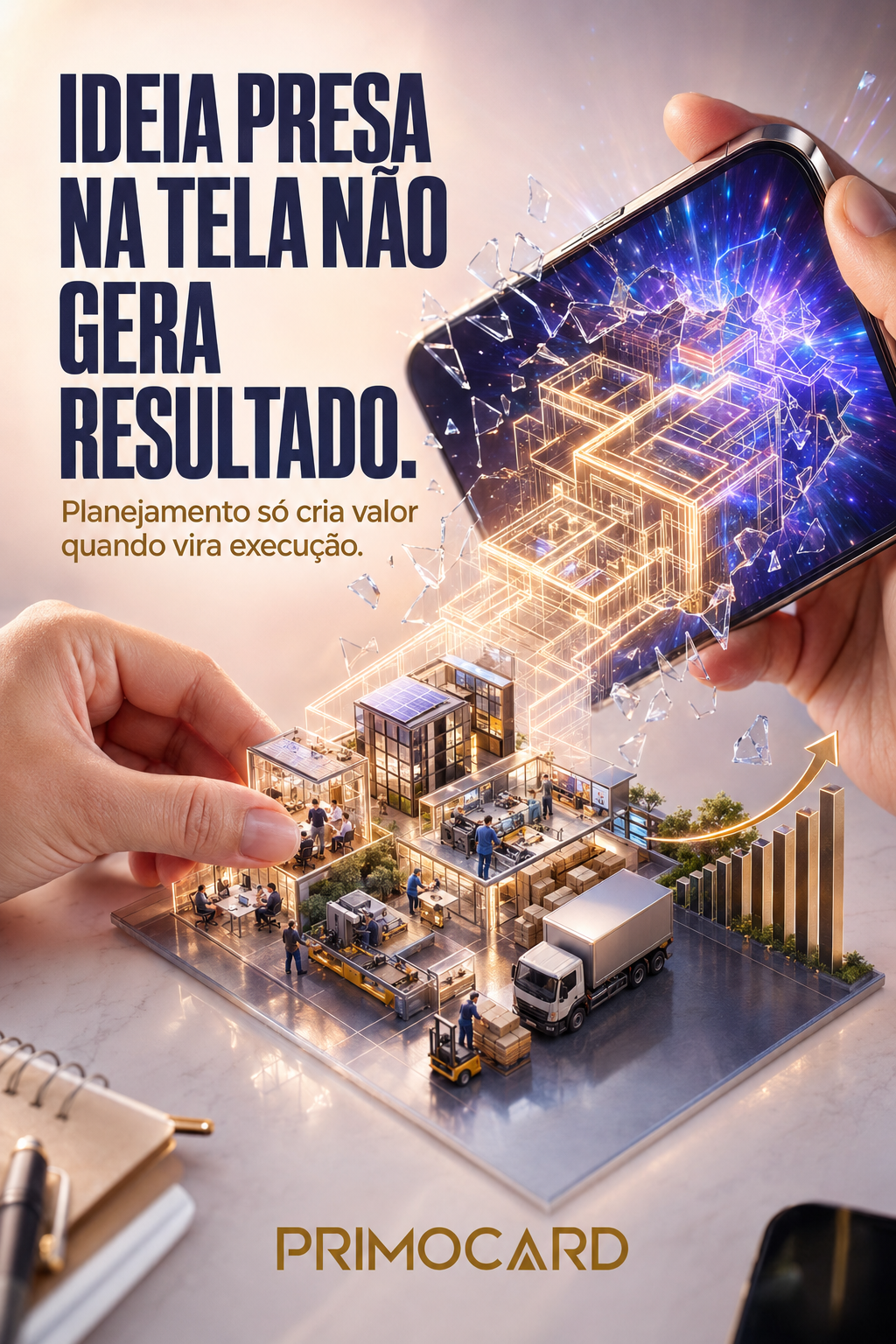 Projeto empresarial saindo da tela de um celular e se transformando em uma operação física com pessoas produção e logística.