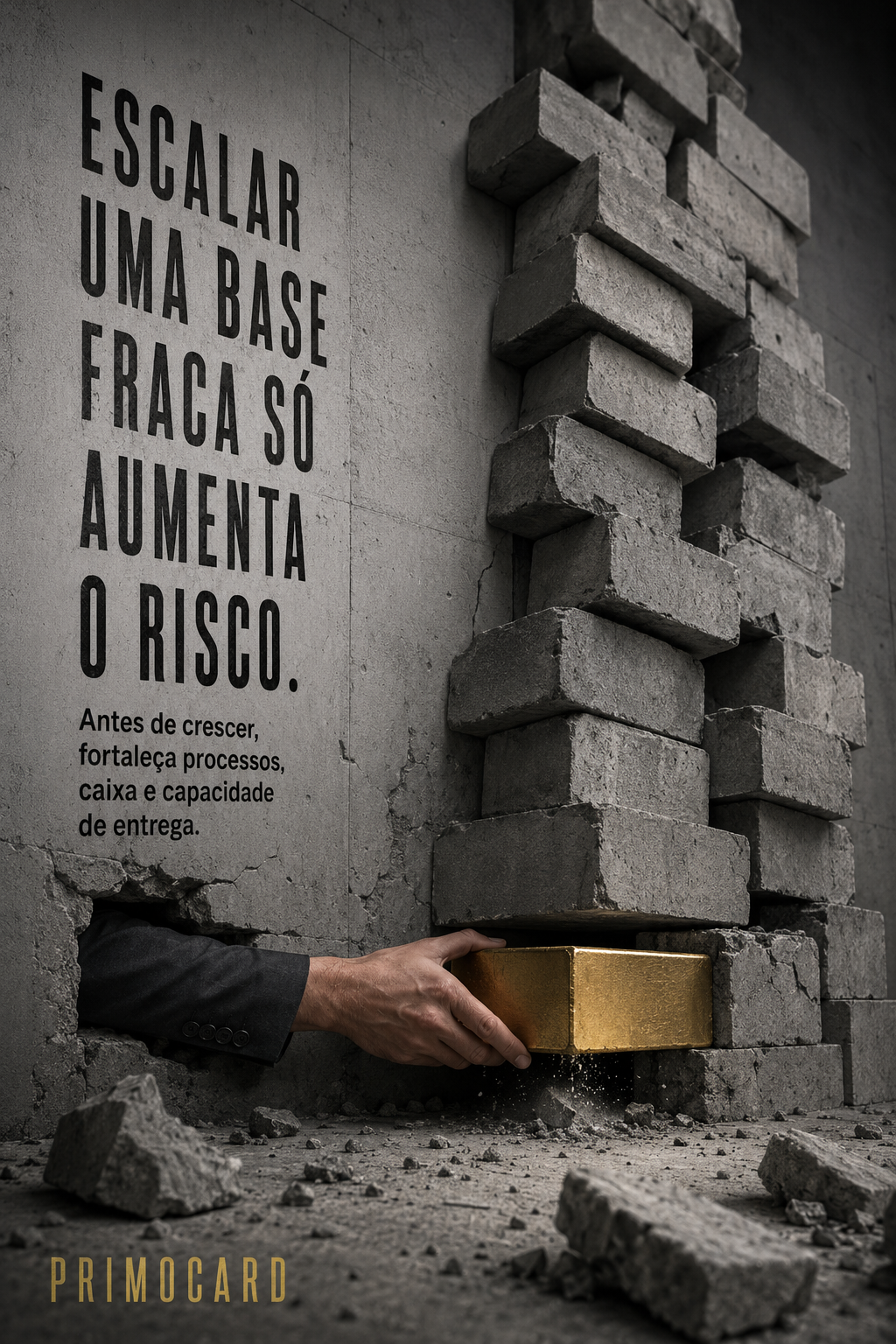 Parede estrutural frágil recebendo um bloco dourado para reforçar sua base antes do crescimento.