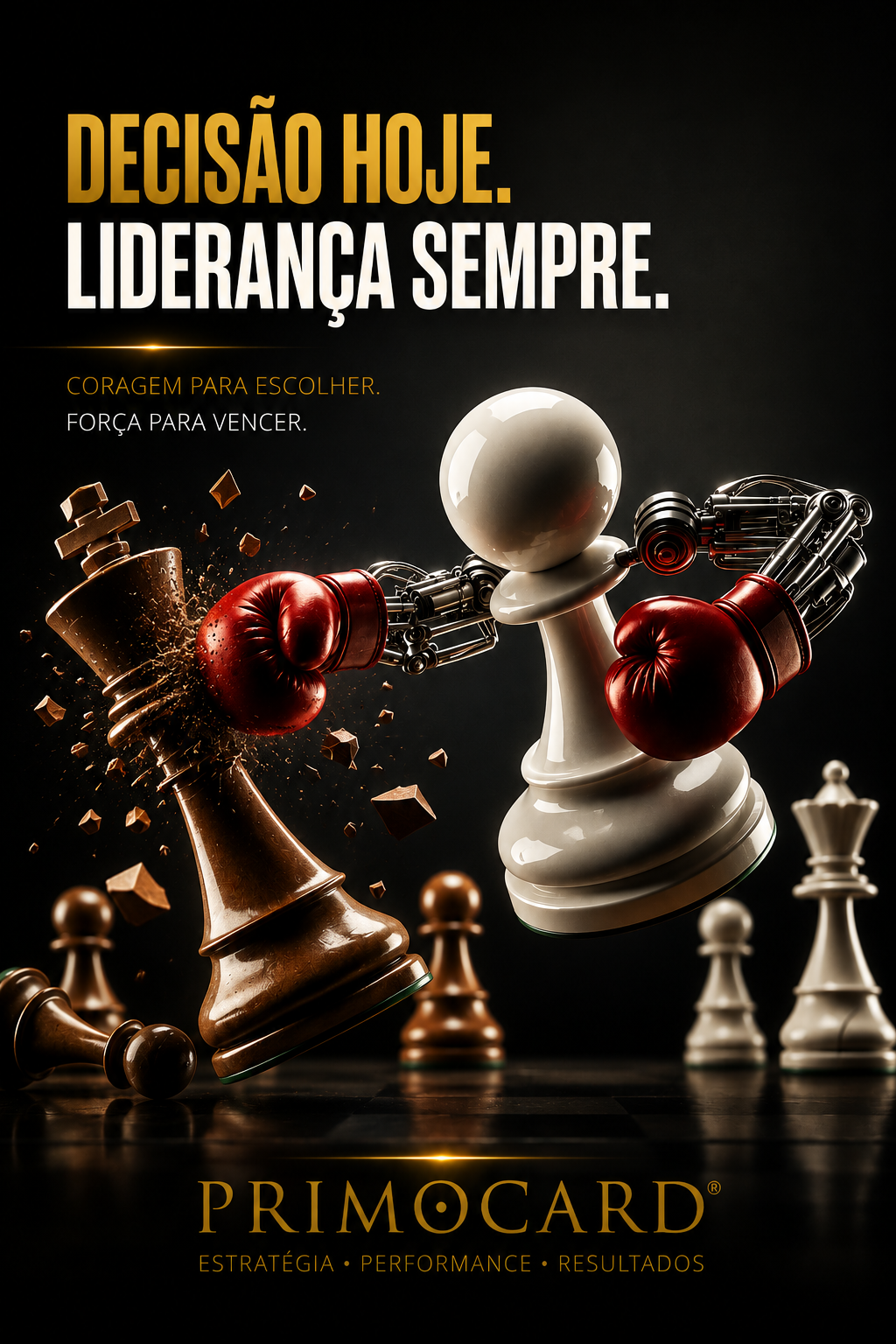 Peça de xadrez rompendo outra peça simbolizando liderança estratégica.