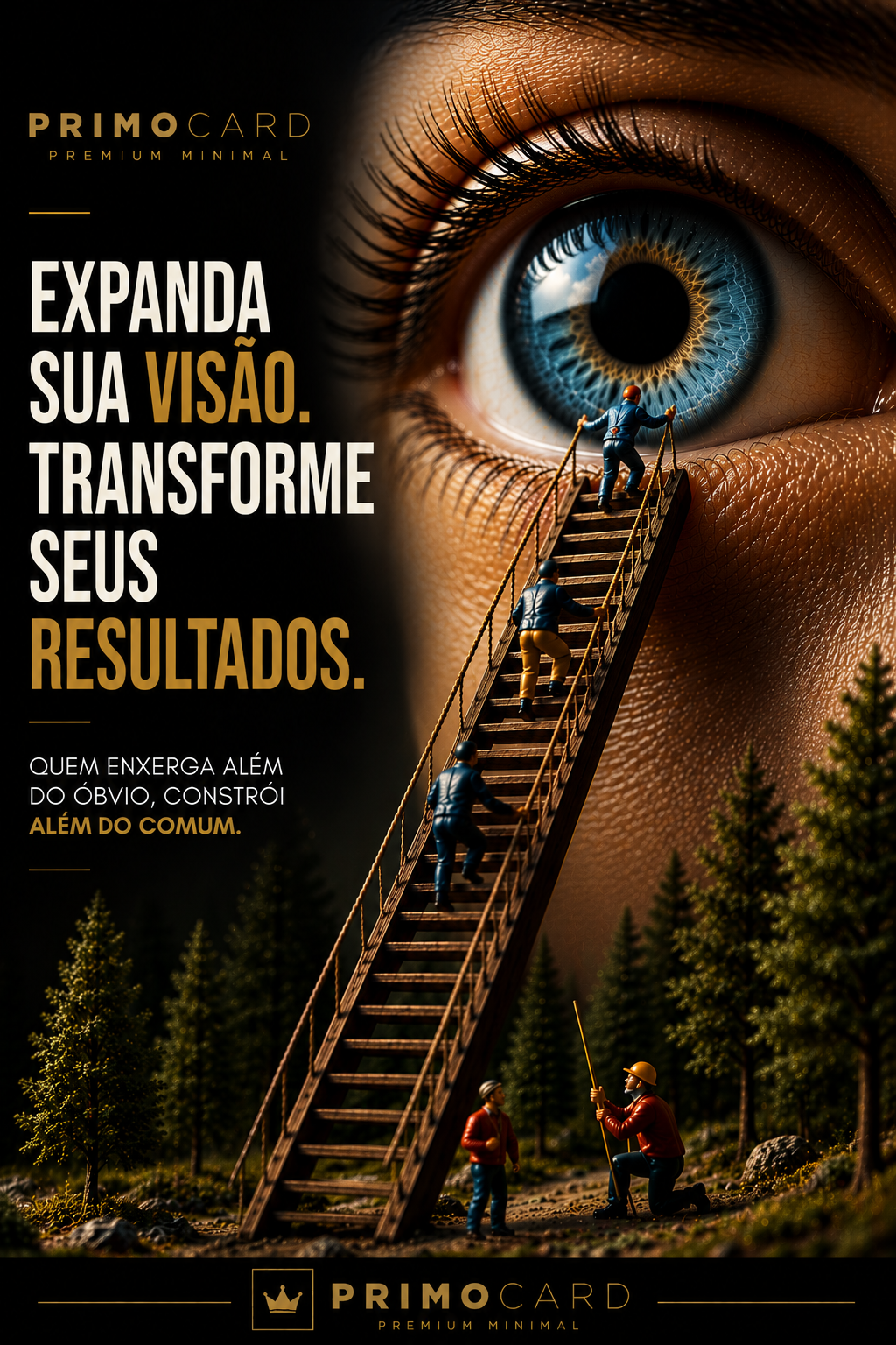 Pessoas subindo uma longa escada em direção a um grande olho que representa a expansão da visão estratégica.