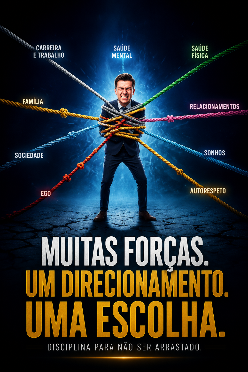 Homem preso por cordas representando diferentes áreas da vida e a importância da direção.