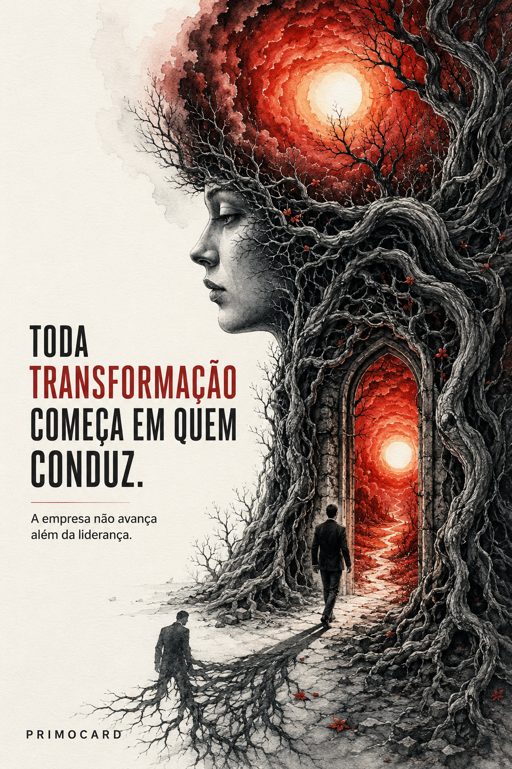 Perfil humano integrado a raízes e uma passagem iluminada representando a transformação que começa na liderança empresarial.