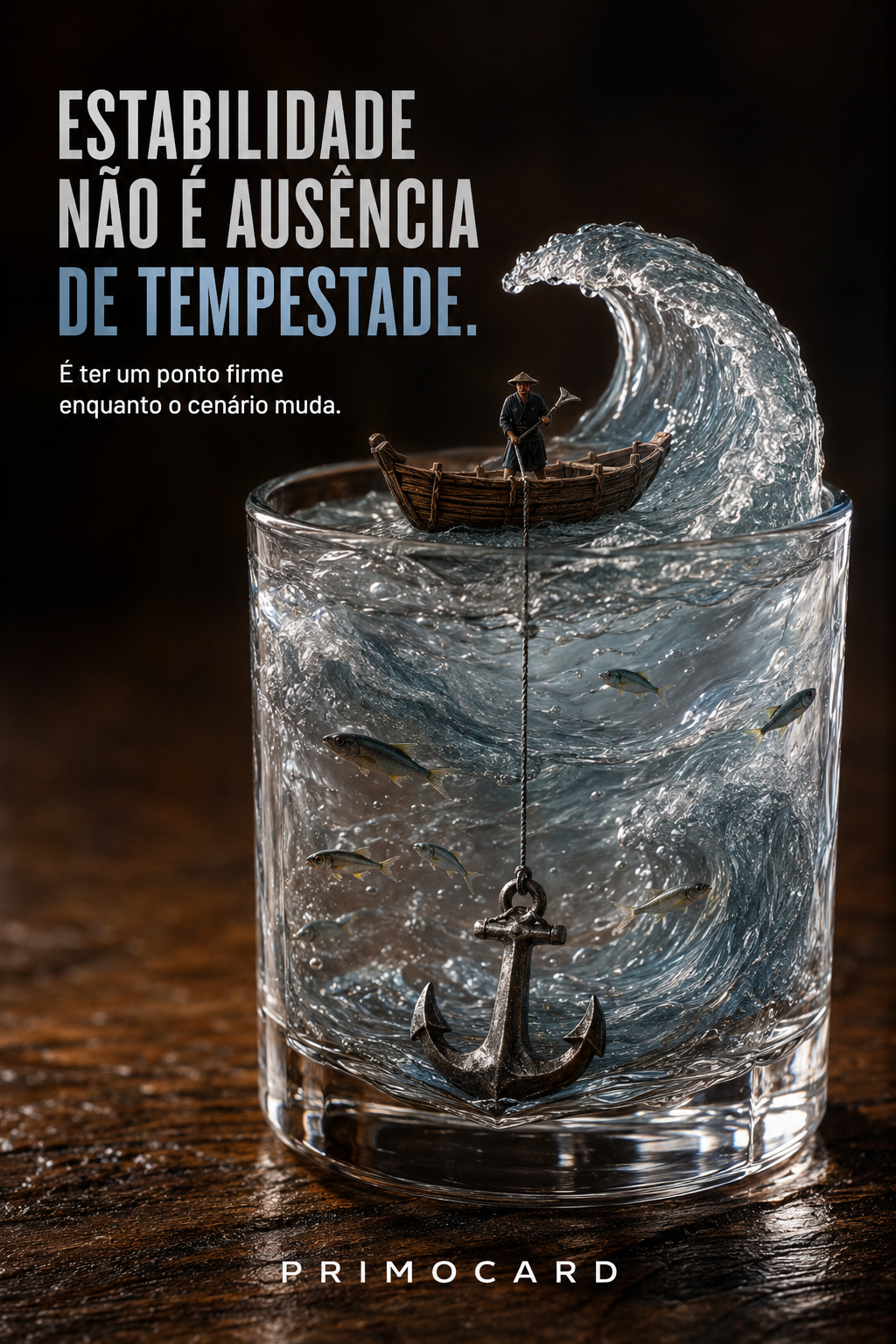 Barco sobre uma onda dentro de um copo transparente, preso a uma âncora, representando estabilidade empresarial.
