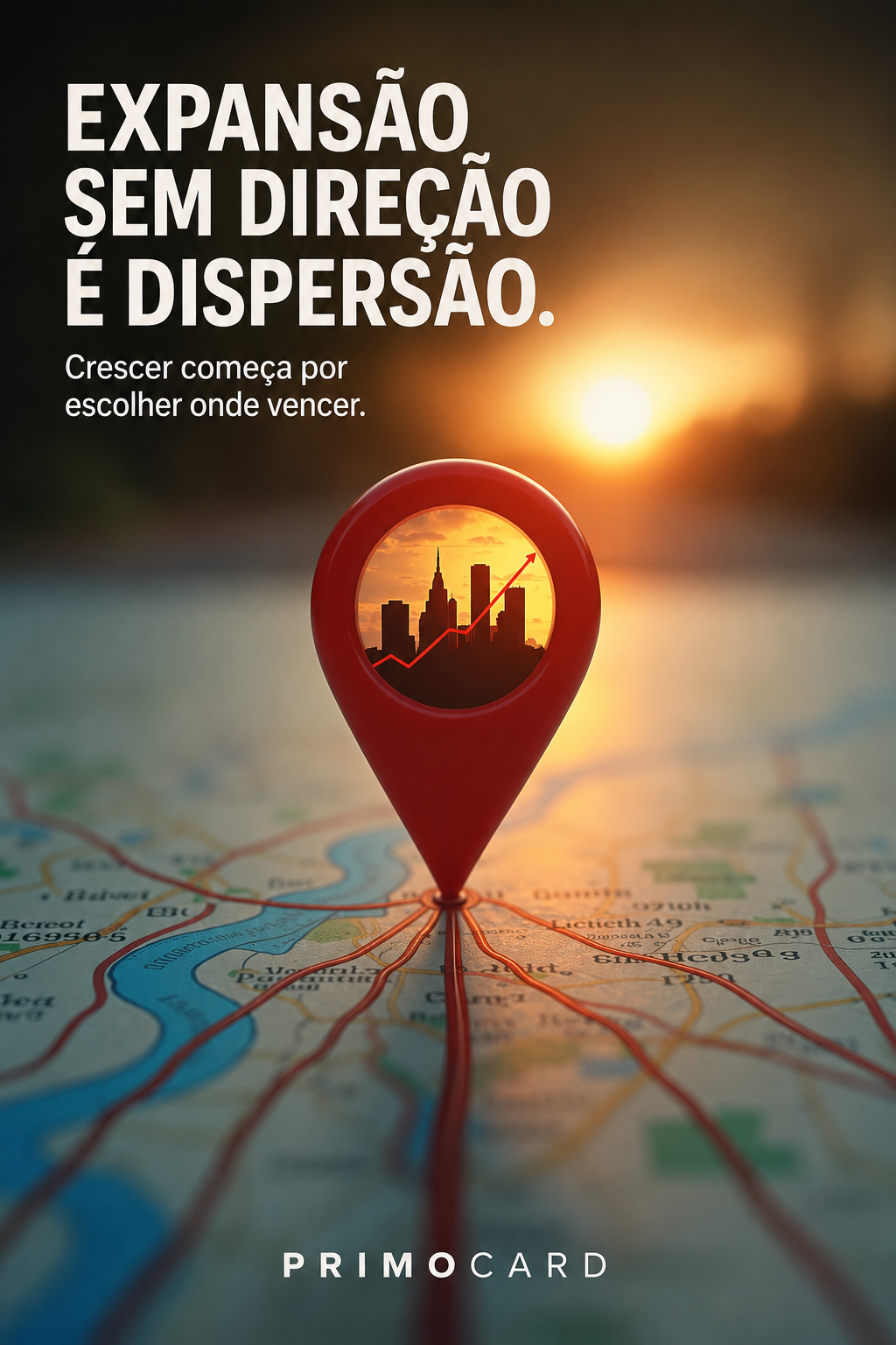 Marcador vermelho sobre mapa representando expansão empresarial orientada por estratégia