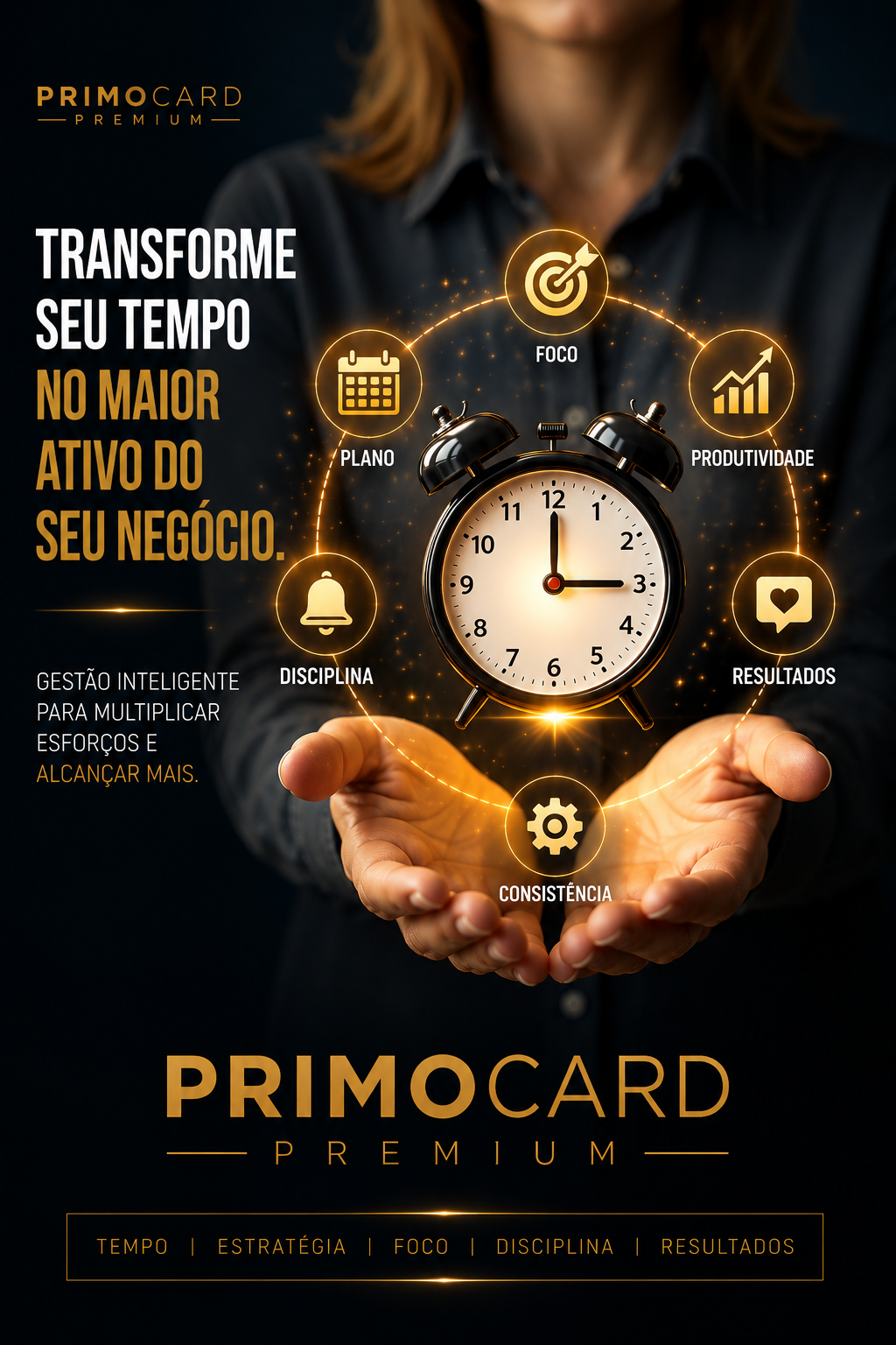 Relógio cercado por ícones estratégicos representando gestão inteligente.