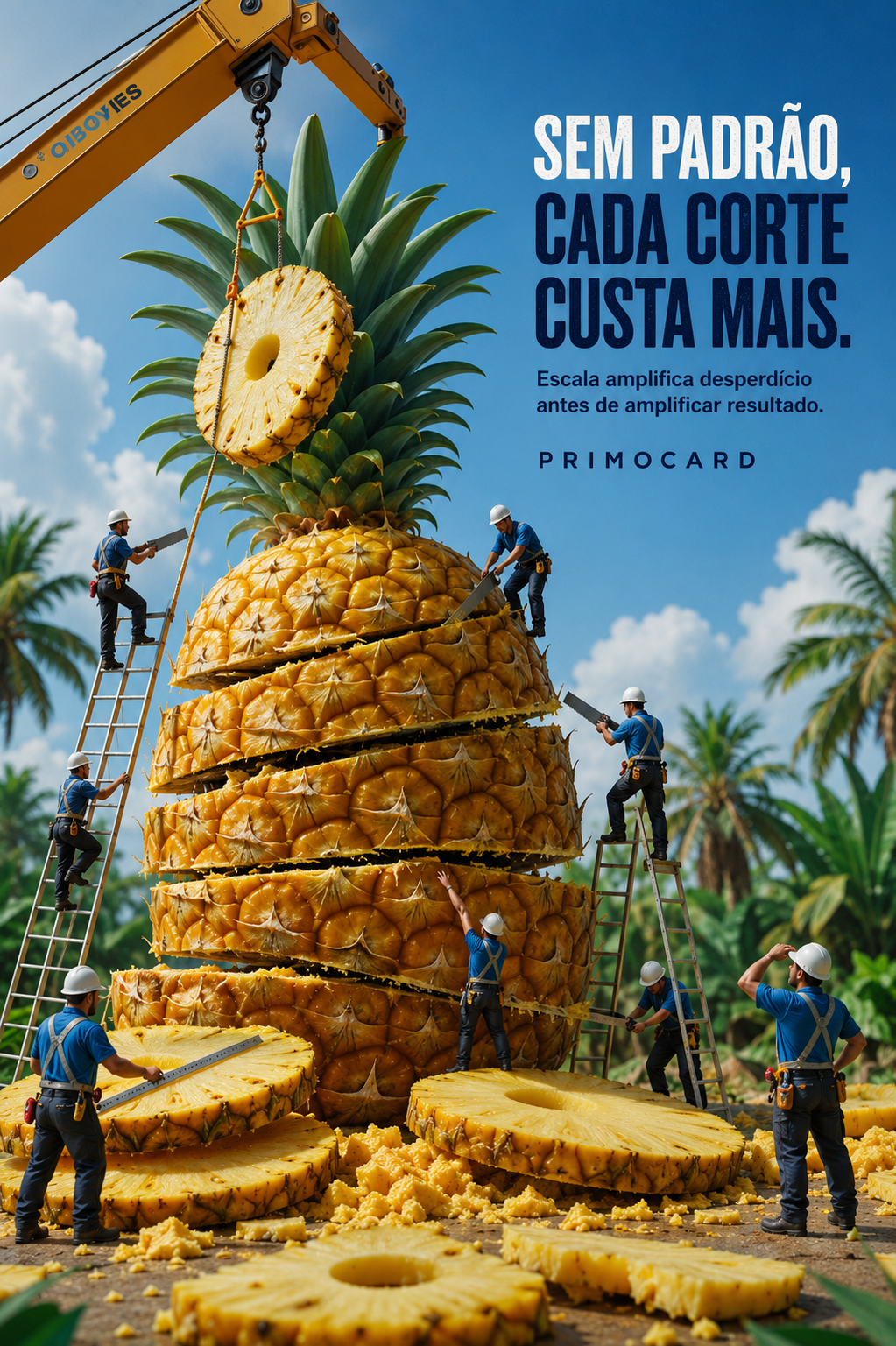 Trabalhadores cortando um abacaxi gigante em partes diferentes representando o desperdício causado pela falta de padrão