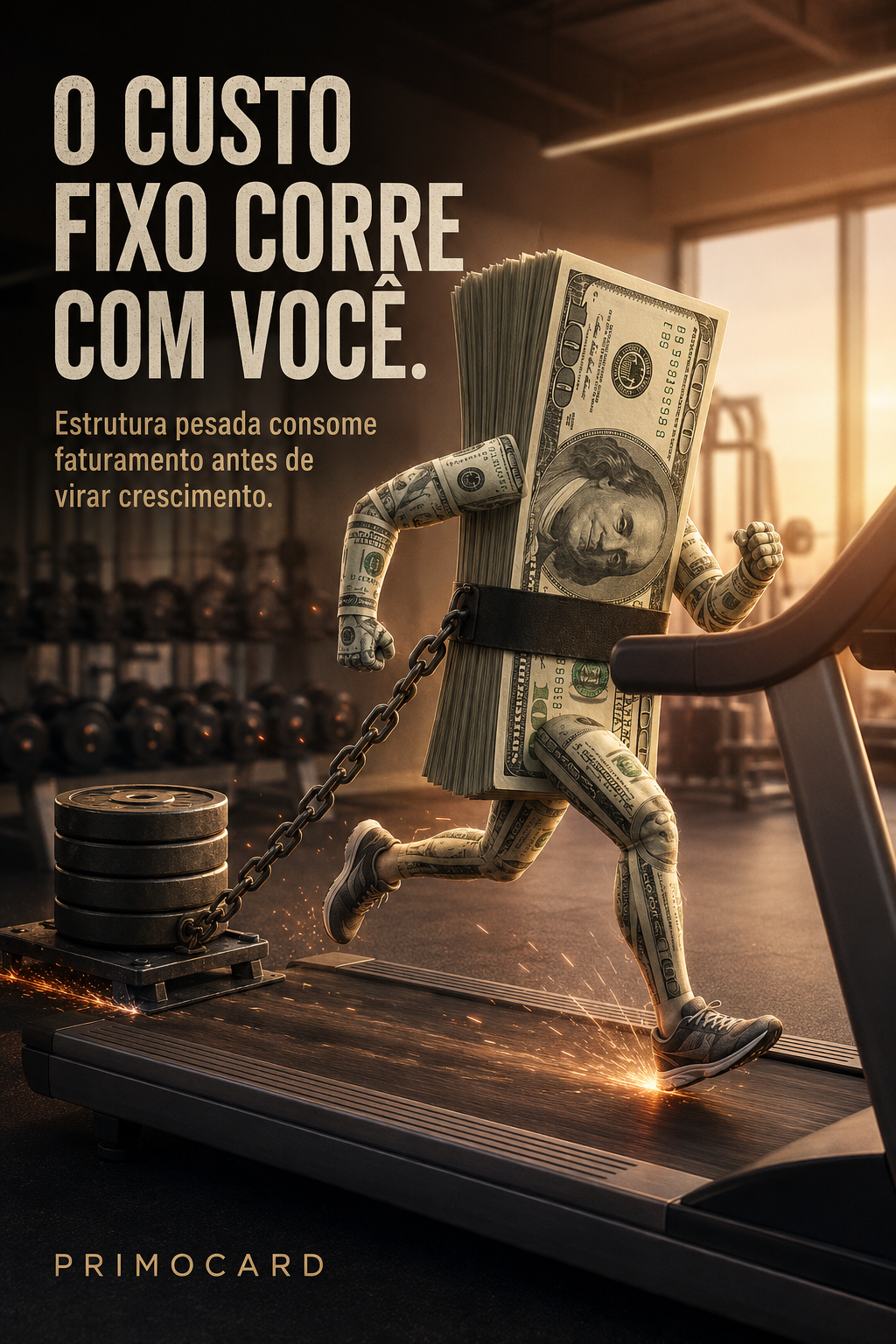 Personagem formado por dinheiro correndo em uma esteira enquanto arrasta pesos presos por uma corrente