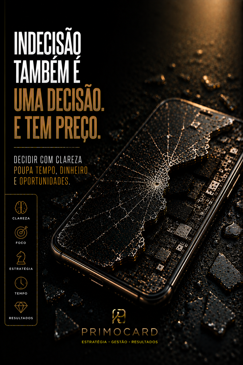 Celular quebrado simbolizando os custos da indecisão e das oportunidades perdidas.
