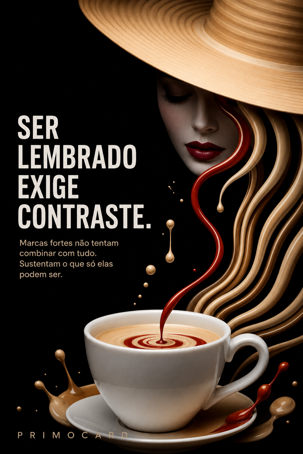 Mulher com formas fluidas em tons de café e vermelho destacadas sobre um fundo preto