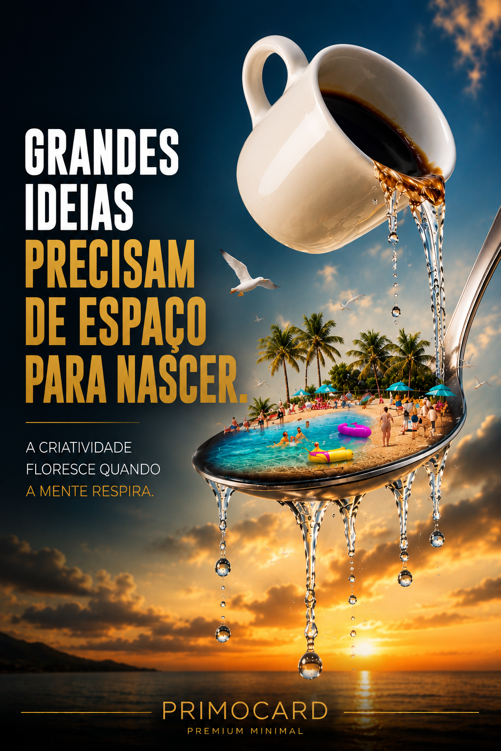 Xícara derramando líquido sobre uma colher que contém uma praia em miniatura, simbolizando criatividade, descanso e novas ideias.