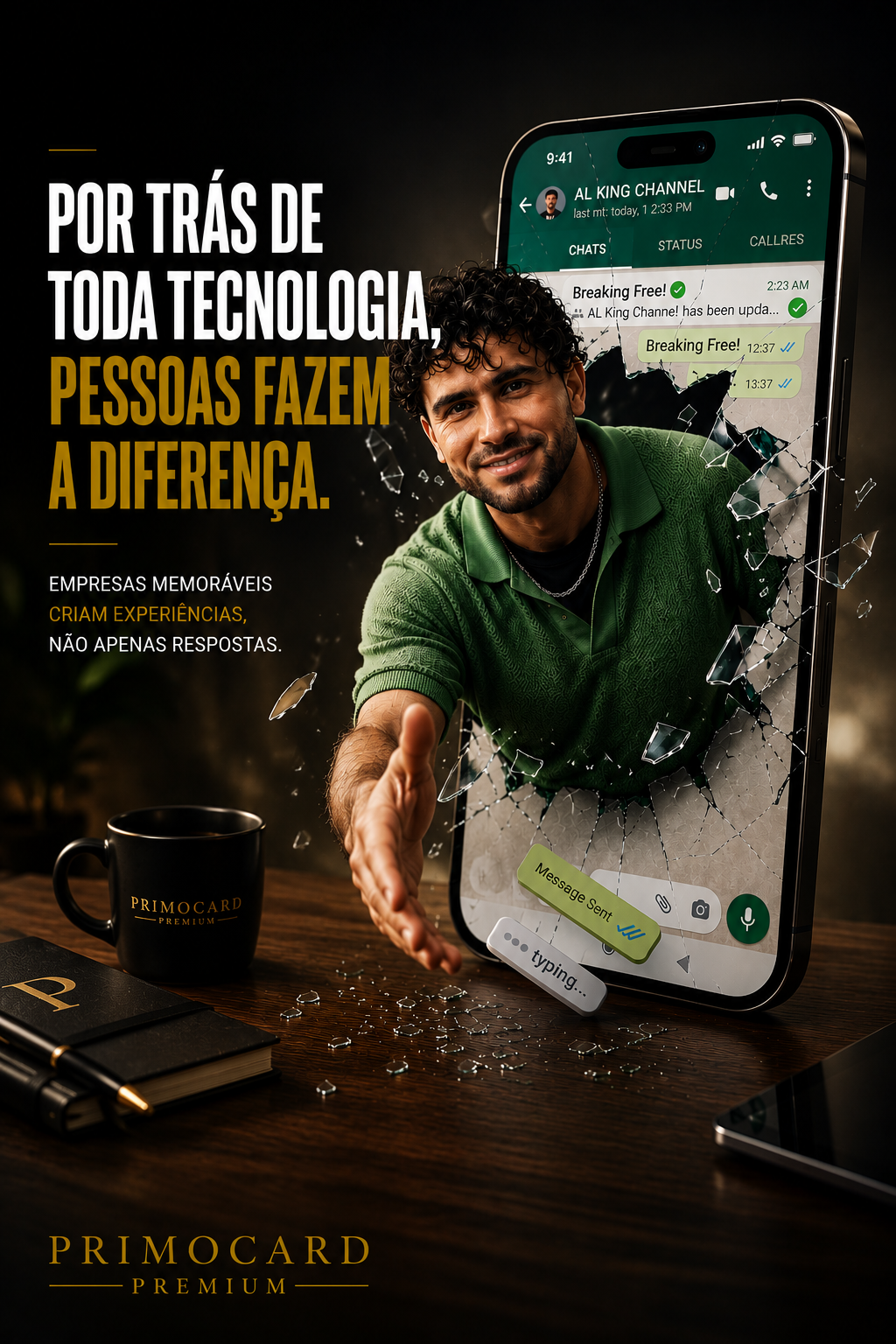Homem saindo da tela de um celular oferecendo um aperto de mão.