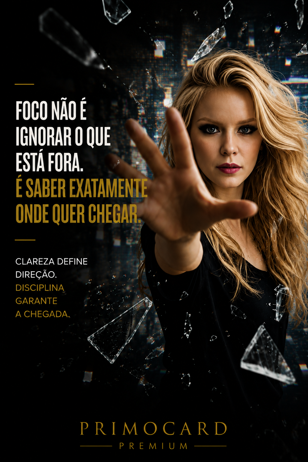Mulher com a mão estendida simbolizando foco e direção.