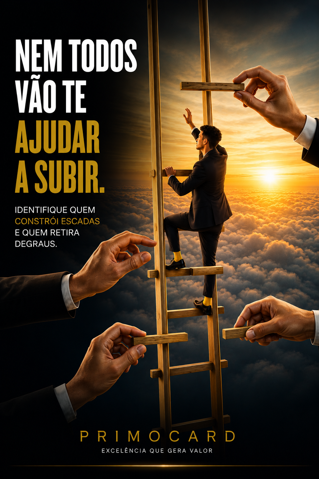 Empresário subindo uma escada enquanto diferentes mãos colocam e retiram os degraus durante sua ascensão.