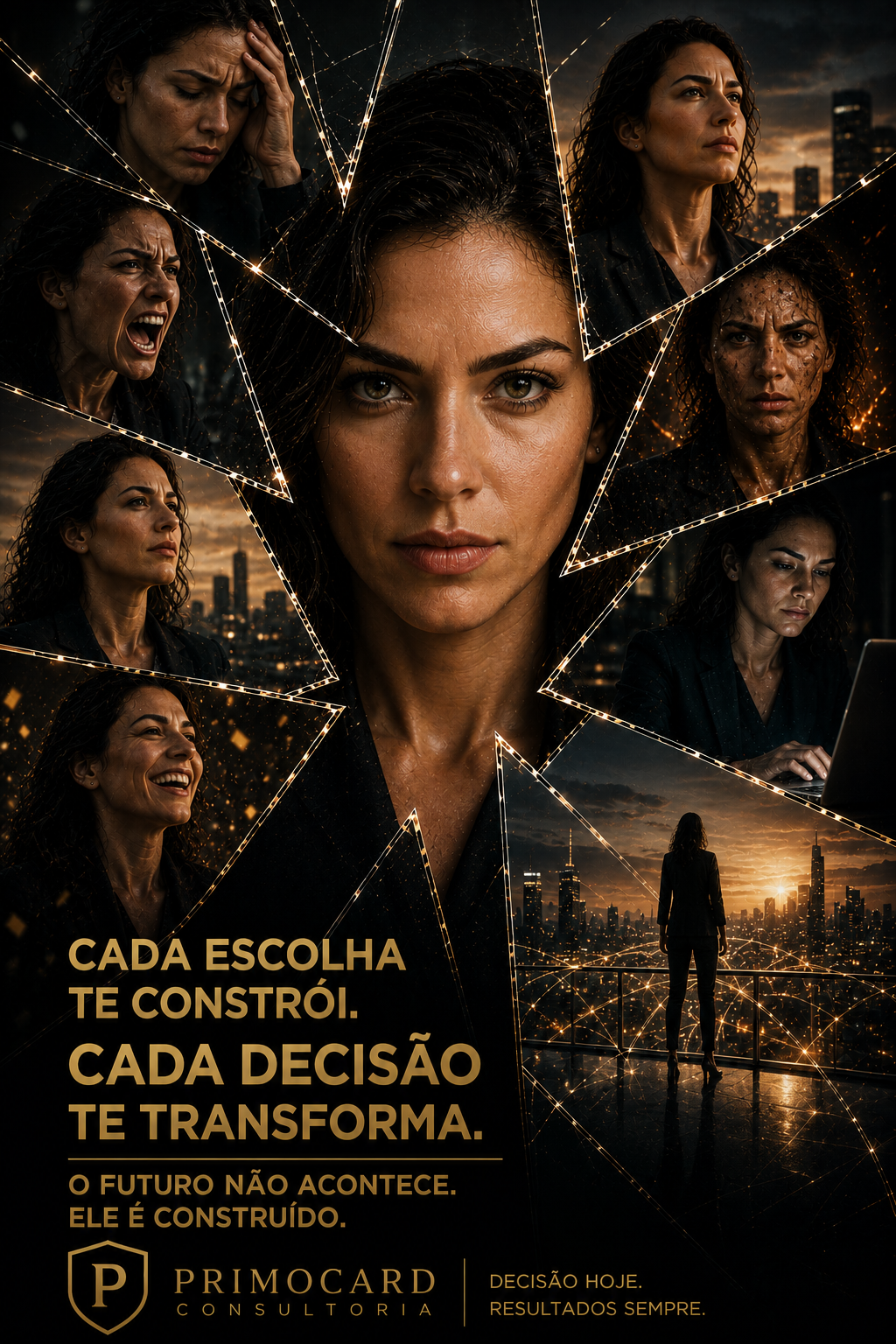Mulher cercada por diferentes expressões representando decisões ao longo da vida.